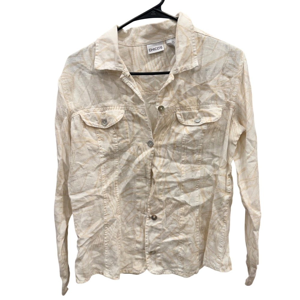 Chicos 100% Linen Leaf Print Button Down Shirt Cream Tan Size 0 Small